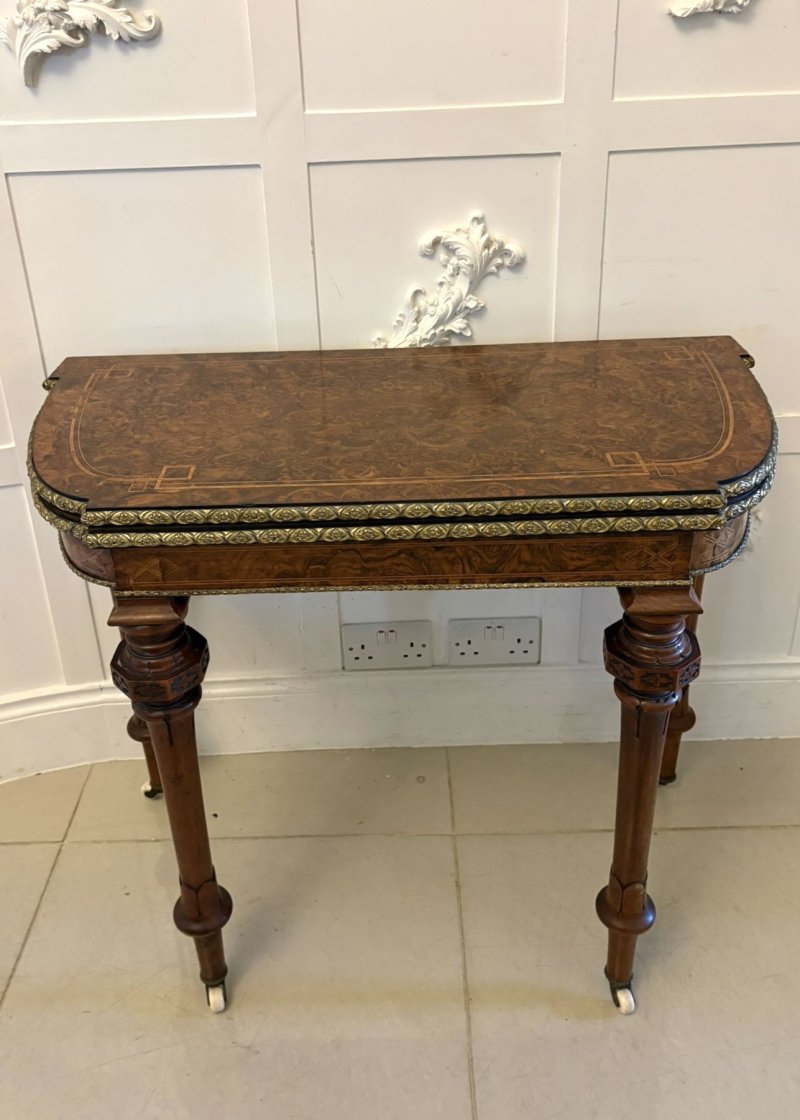Antique Victorian Burr Walnut Card Console Table with Ormolu Mounts and Inlay